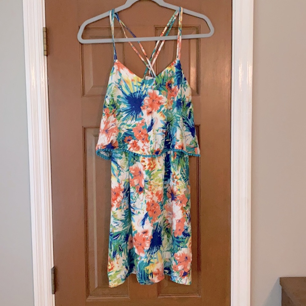 Joy Joy Mini Dress with tropical print Pom fringe